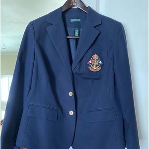 Fully lined dress blazer embellished with gold logo and buttons. EUC
